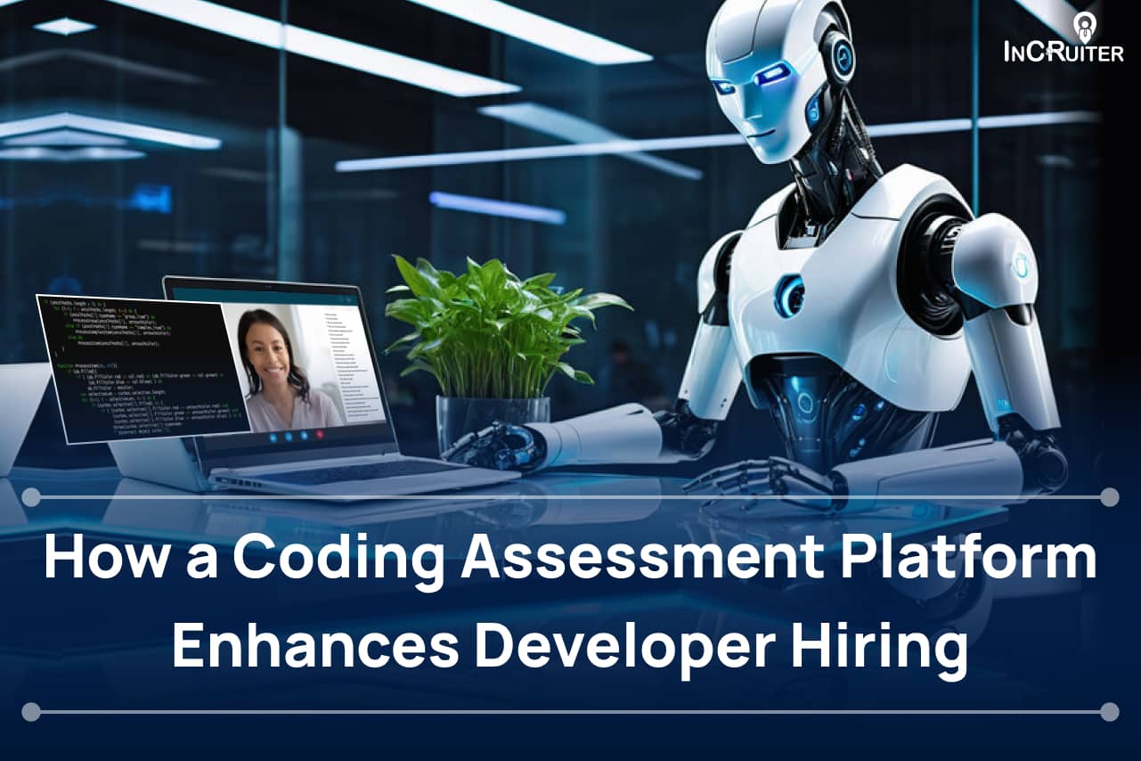 Image showing a coding assessment platform with an AI robot and a developer on a video call, emphasizing smarter hiring for developers.