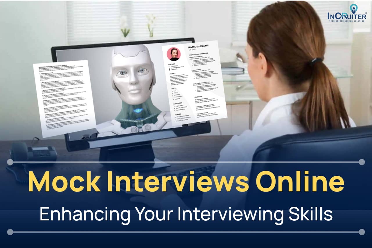 Illustration of a confident candidate attending an AI-powered mock interview online, improving skills through real-time feedback and insights.