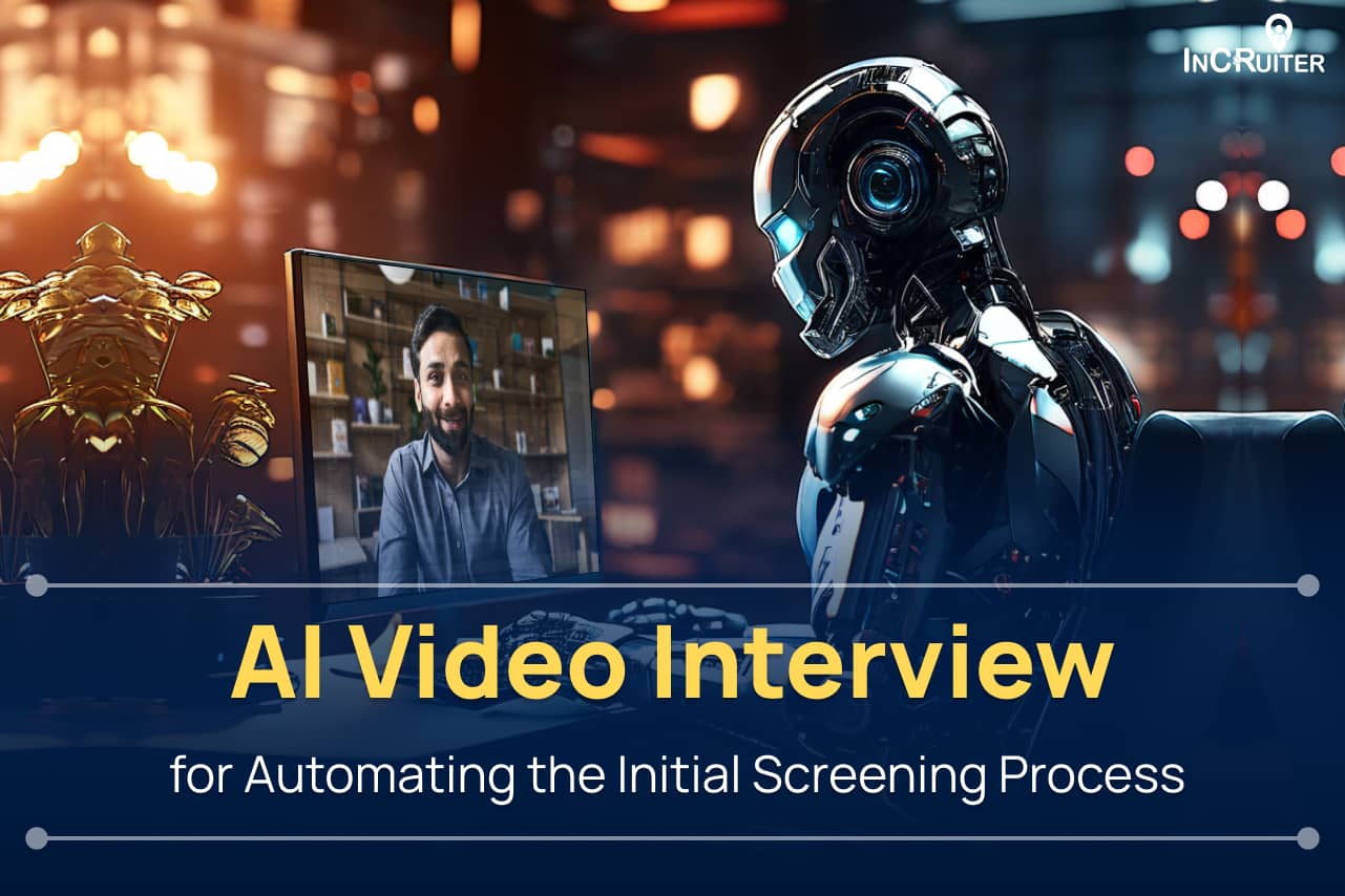 Image depicting an AI robot conducting a video interview with a candidate, symbolizing automated initial screening for efficient hiring.