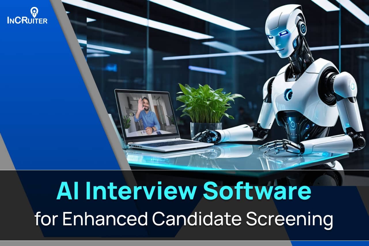 Image of an AI robot conducting a virtual interview, emphasizing the use of AI interview software for enhanced candidate screening.